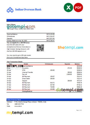 editable template, India Indian Overseas Bank statement Excel and PDF template