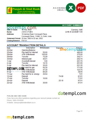 editable template, India Punjab and Sind bank statement Excel and PDF template