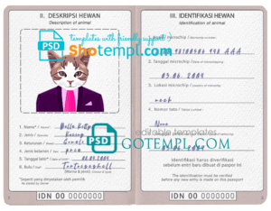 FREE editable template, Indonesia cat (animal, pet) passport PSD template, completely editable