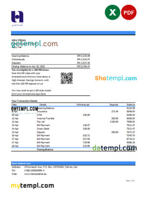editable template, Iran Bank Sederat Iran statement Excel and PDF template