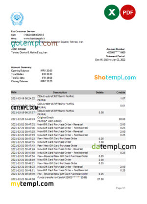 editable template, Iran Bank Sepah bank statement Excel and PDF template