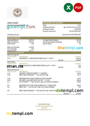 editable template, Iraq Rasheed bank statement Excel and PDF template