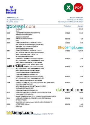 editable template, Ireland Bank of Ireland bank statement Excel and PDF template
