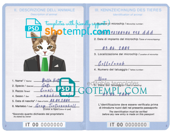 FREE editable template, Italy cat (animal, pet) passport PSD template, fully editable