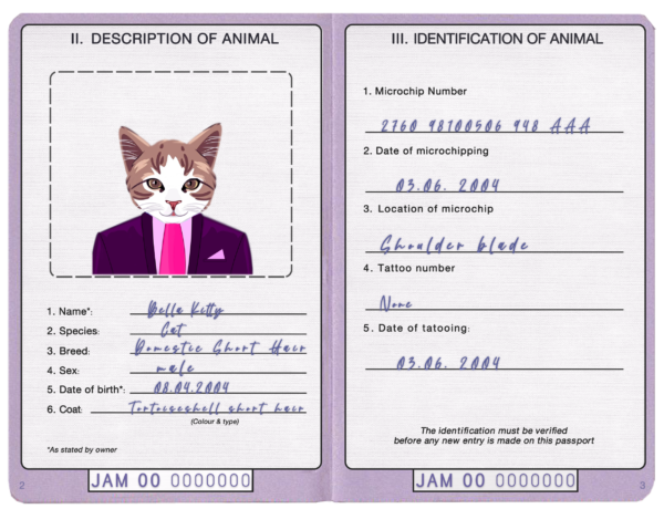 FREE editable template, Jamaica cat (animal, pet) passport PSD template, completely editable