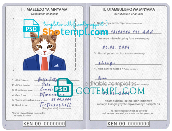 FREE editable template, Kenya cat (animal, pet) passport PSD template, completely editable
