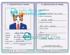 FREE editable template, Kiribati cat (animal, pet) passport PSD template, completely editable
