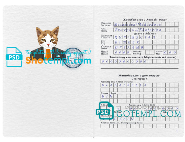 FREE editable template, Kyrgyzstan cat (animal, pet) passport PSD template, fully editable