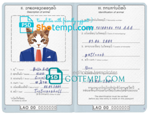 FREE editable template, Laos cat (animal, pet) passport PSD template, completely editable