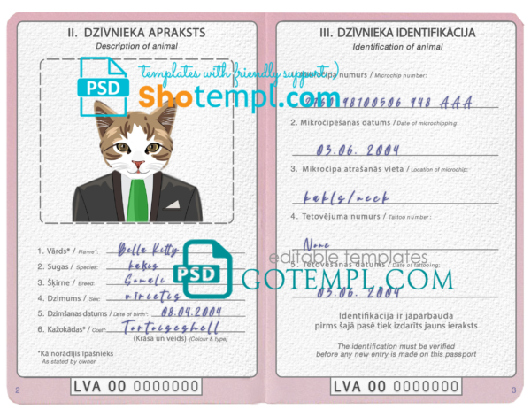 FREE editable template, Latvia cat (animal, pet) passport PSD template, fully editable