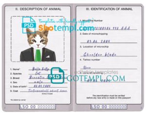 FREE editable template, Lesotho cat (animal, pet) passport PSD template, completely editable