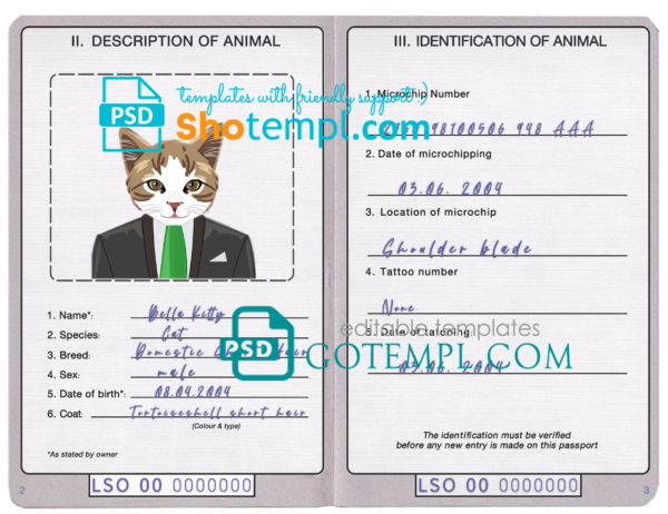 FREE editable template, Lesotho cat (animal, pet) passport PSD template, completely editable