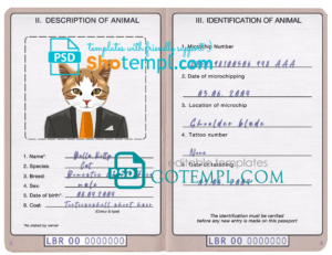 FREE editable template, Liberia cat (animal, pet) passport PSD template, fully editable