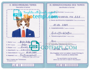 FREE editable template, Liechtenstein cat (animal, pet) passport PSD template, fully editable