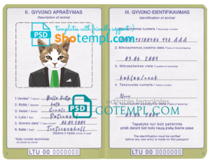FREE editable template, Lithuania cat (animal, pet) passport PSD template, completely editable