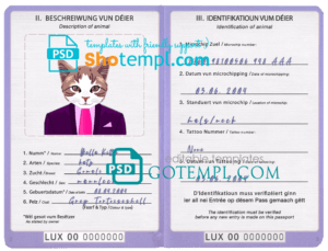 FREE editable template, Luxembourg cat (animal, pet) passport PSD template, fully editable