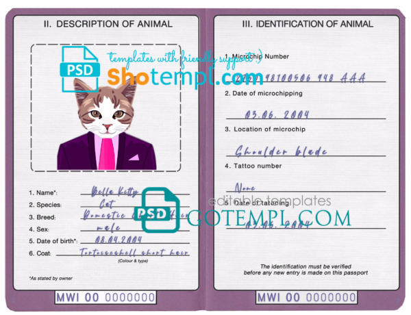 FREE editable template, Malawi cat (animal, pet) passport PSD template, completely editable