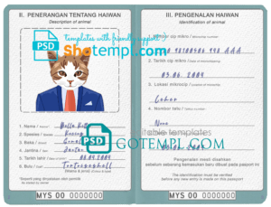 FREE editable template, Malaysia cat (animal, pet) passport PSD template, completely editable