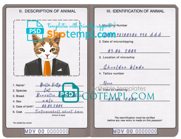 FREE editable template, Maldives cat (animal, pet) passport PSD template, fully editable