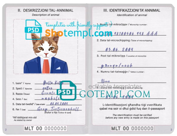 FREE editable template, Malta cat (animal, pet) passport PSD template, completely editable