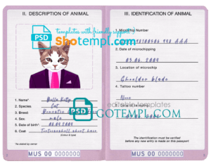 FREE editable template, Mauritius cat (animal, pet) passport PSD template, fully editable