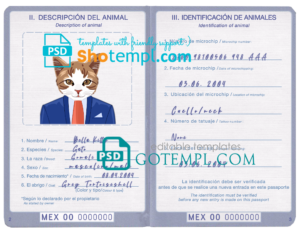 FREE editable template, Mexico cat (animal, pet) passport PSD template, completely editable