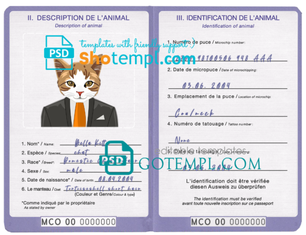 FREE editable template, Monaco cat (animal, pet) passport PSD template, fully editable