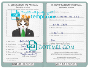 FREE editable template, Montenegro cat (animal, pet) passport PSD template, fully editable
