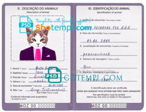 FREE editable template, Mozambique cat (animal, pet) passport PSD template, fully editable