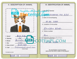 FREE editable template, Myanmar cat (animal, pet) passport PSD template, completely editable