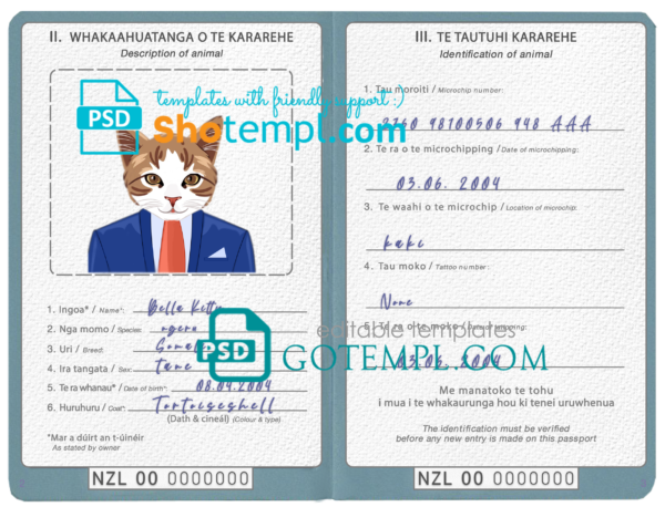 FREE editable template, New Zealand cat (animal, pet) passport PSD template, fully editable