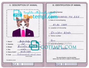 FREE editable template, Nigeria cat (animal, pet) passport PSD template, fully editable