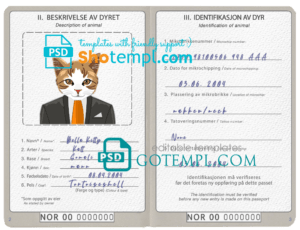 FREE editable template, Norway cat (animal, pet) passport PSD template, fully editable