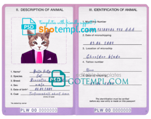 FREE editable template, Palau cat (animal, pet) passport PSD template, fully editable