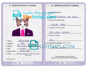 FREE editable template, Papua New Guinea cat (animal, pet) passport PSD template, fully editable