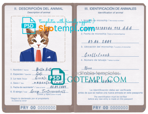 FREE editable template, Paraguay cat (animal, pet) passport PSD template, fully editable