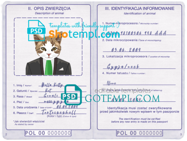 FREE editable template, Poland cat (animal, pet) passport PSD template, fully editable