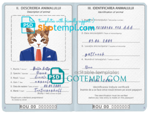FREE editable template, Romania cat (animal, pet) passport PSD template, fully editable