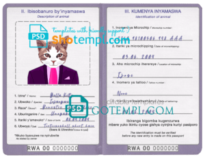 FREE editable template, Rwanda cat (animal, pet) passport PSD template, fully editable