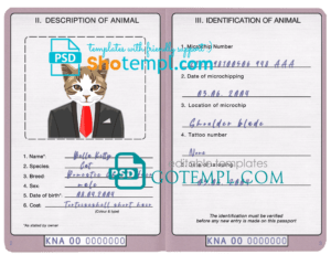 FREE editable template, Saint Kitts and Nevis cat (animal, pet) passport PSD template, fully editable
