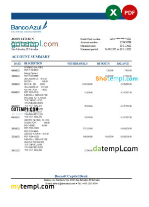 editable template, Salvador Banco Azul bank statement Excel and PDF template