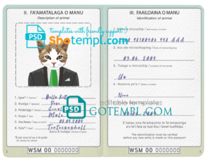 FREE editable template, Samoa cat (animal, pet) passport PSD template, completely editable