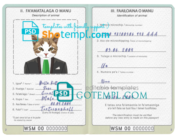 FREE editable template, Samoa cat (animal, pet) passport PSD template, completely editable