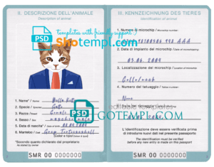 FREE editable template, San Marino cat (animal, pet) passport PSD template, fully editable