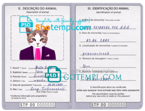 FREE editable template, São Tomé and Príncipe cat (animal, pet) passport PSD template, fully editable