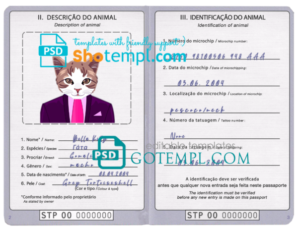 FREE editable template, São Tomé and Príncipe cat (animal, pet) passport PSD template, fully editable