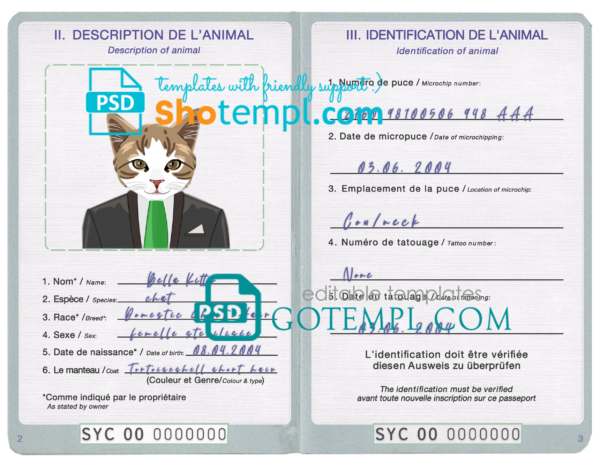 FREE editable template, Seychellas cat (animal, pet) passport PSD template, fully editable