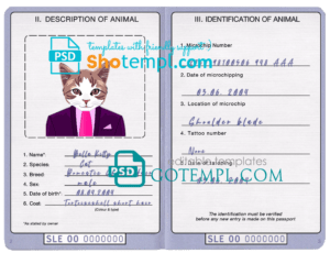 FREE editable template, Sierra Leone cat (animal, pet) passport PSD template, fully editable