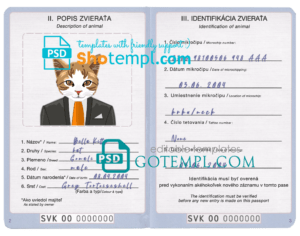 FREE editable template, Slovakia cat (animal, pet) passport PSD template, fully editable