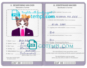 FREE editable template, South Africa cat (animal, pet) passport PSD template, fully editable